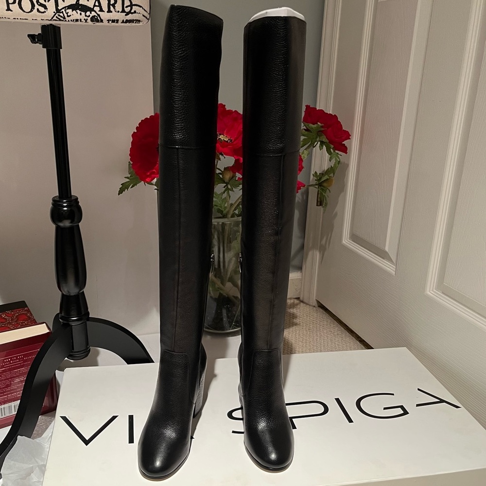 NEW Via Spiga Beline Black Pebbled Leather Over The Knee Boots Sz 5.5 NIB - Picture 9 of 16